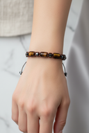 Kaplan Gözü ve Hematit Doğal Taş Bileklik – İpli Köşeli Makrome Model, Unisex Tasarım