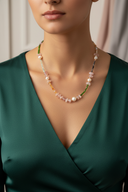 Karnelyan Akik, İyolit, Pembe Opal, İnci, Pembe Kuvars, Hematit, Diopsit & Prehnit Doğal Taş Kolye – Özel Tasarım