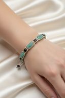 Amazonit ve Hematit Doğal Taş Bileklik – İpli Köşeli Makrome Model, Unisex Tasarım